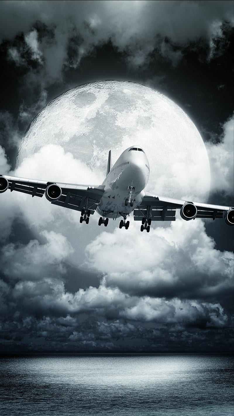 Airplane, air, cloud, fly, light, moon, plane, sea, sky, HD phone wallpaper