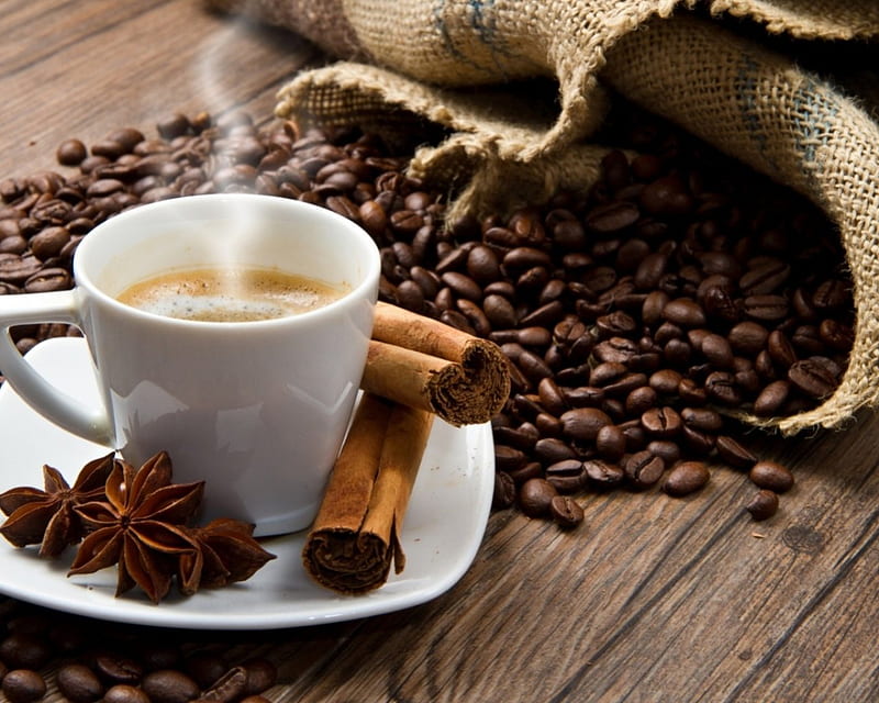 Coffee with cinnamon, cinnamon, abstract, coffee beans, softness, graphy, coffee, drink, HD wallpaper
