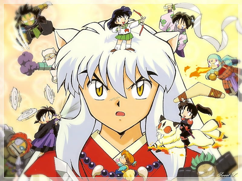 Inuyasha and Chibi Friends, miroku, sango, bankoustu, inuyasha, shippo, kirra, renkoustu, kagome, HD wallpaper