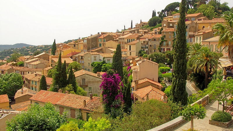 mountain village in provence france, mountain, village, red roofs, trees, HD wallpaper