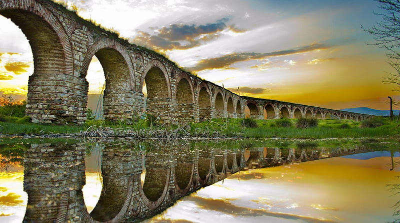 ancient majestic aqueduct, pond, ancient, aqueduct, reflection, clouds, HD wallpaper