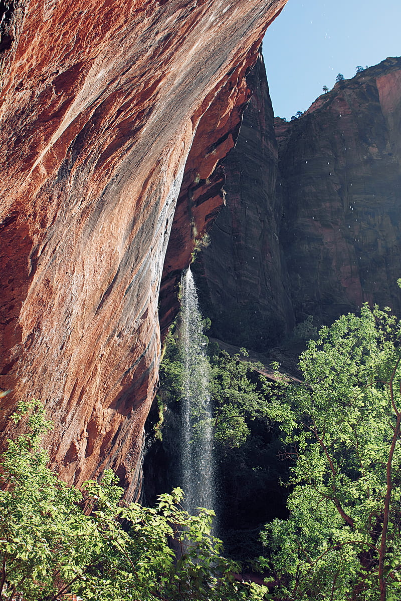 rocks, cliff, waterfall, trees, bushes, HD phone wallpaper