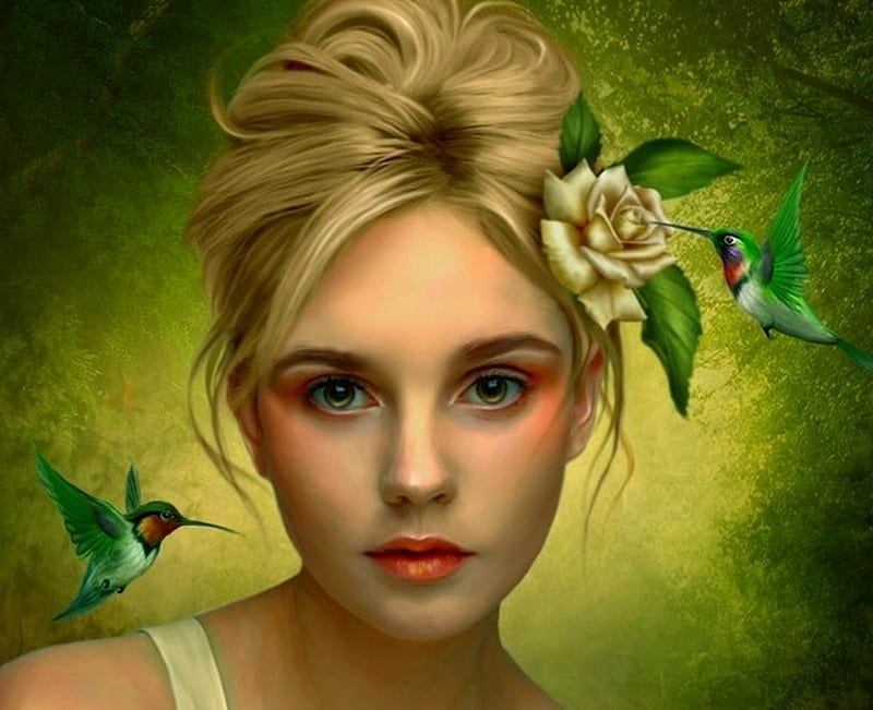Beauty, elenadudina, luminos, rose, pasare, hummingbird, fantasy, green, girl, flower, face, colibri, HD wallpaper