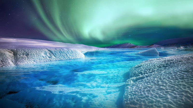 Aurora Ice River Under Starry Green Sky Nature, HD wallpaper