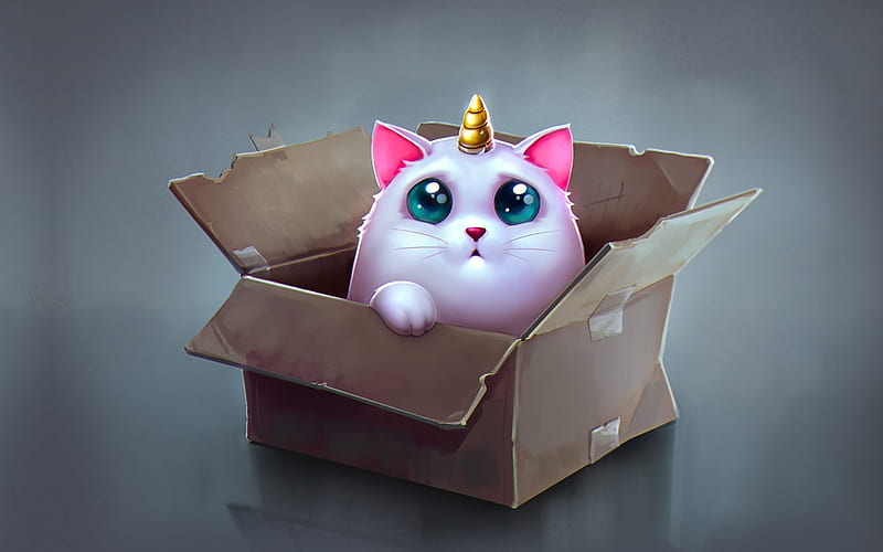 Unicorn cat, unicorn, box, cat, cute, fantasy, katya art, white, pink, pisica, HD wallpaper