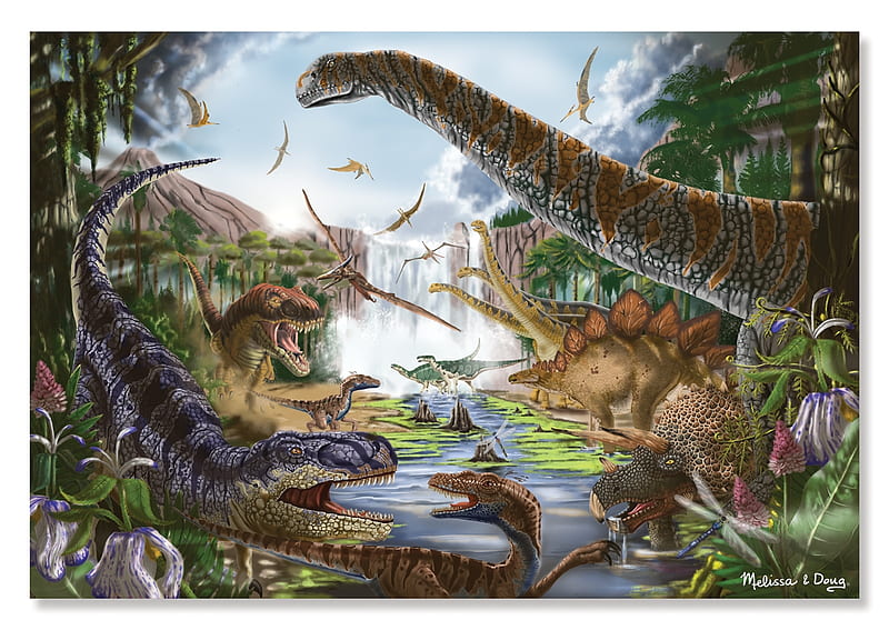 Prehistoric Waterfall, melissa, dinosaurs, artist, doug, waterfall, puzzle, HD wallpaper