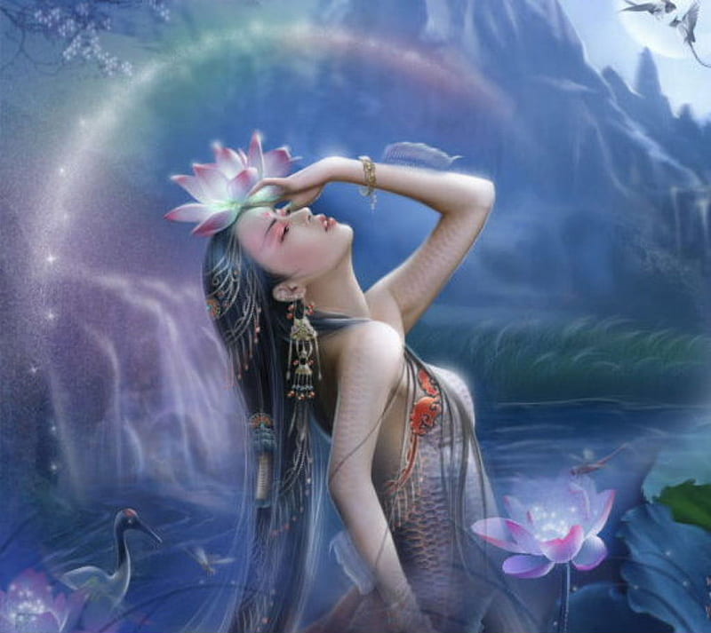 Dreaming, lotus fairy, fantasy, fairy, HD wallpaper