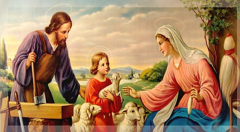 Holy family, christ, family, sheep, jesus, joseph, mary, shepherd, HD wallpaper