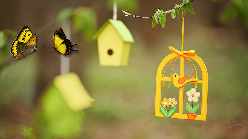 Easter Sunshine, bird houses, spring, butterflies, trees, HD wallpaper