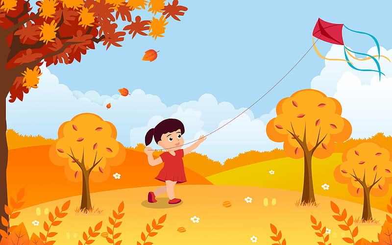 Autumn Cute Girl Kite Illustration Design, HD wallpaper