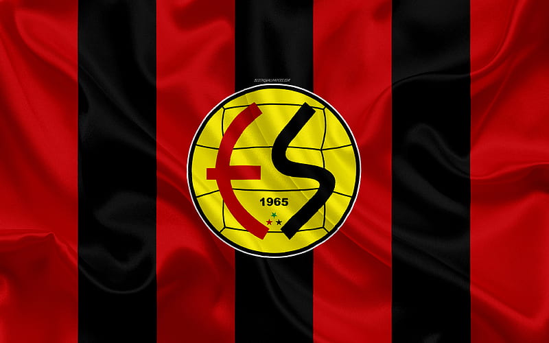 Eskisehirspor logo, silk texture, Turkish football club, red black flag, emblem, 1 Lig, TFF First League, Eskisehir, Turkey, football, HD wallpaper
