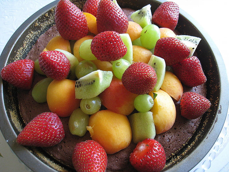 Sticky Brownies with Fruit, cake, fruit, chocolate, colors, tin, HD wallpaper