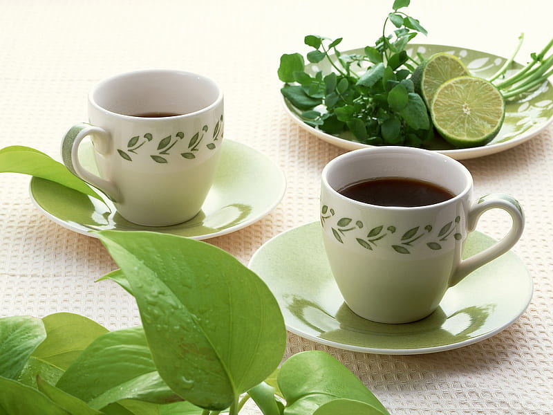 Refreshing Tea, limes, plate, tea, cups, leaves saucers, HD wallpaper