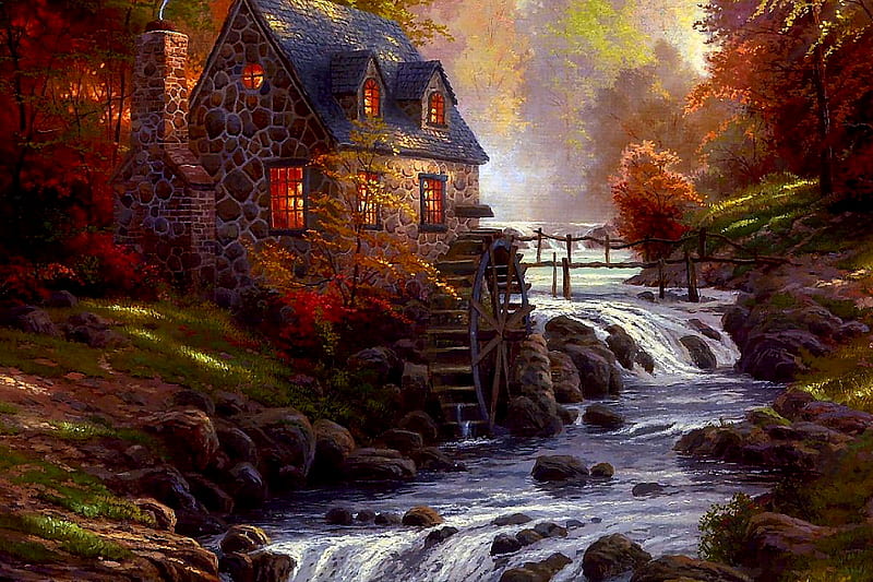 Cottage and water-wheel, architecture, stream, autumn, house, wonderful, grass, cottage, mill, rock, bonito, magic, splendor, bridge, color, fields, river, forests, land, water-wheel, forest, lovely, romantic, view, beautiful view, colors, trees, water, autumn colors, peaceful, nature, landscape, HD wallpaper