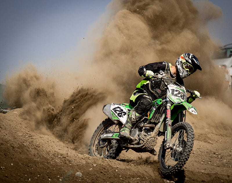 Rider Riding Green Motocross Dirt Bike, HD wallpaper