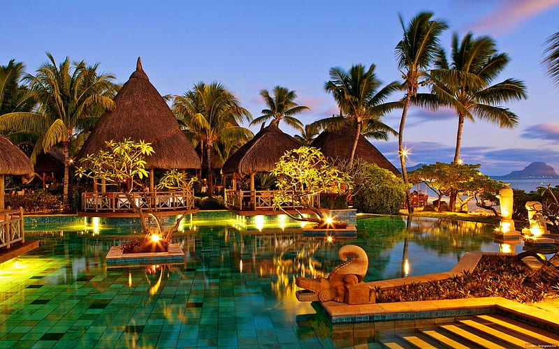 Mauritius, rest, vacation, lovely, relax, bonito, pool, palms, sea, nice, restaurant, destination, evening, island, light, HD wallpaper