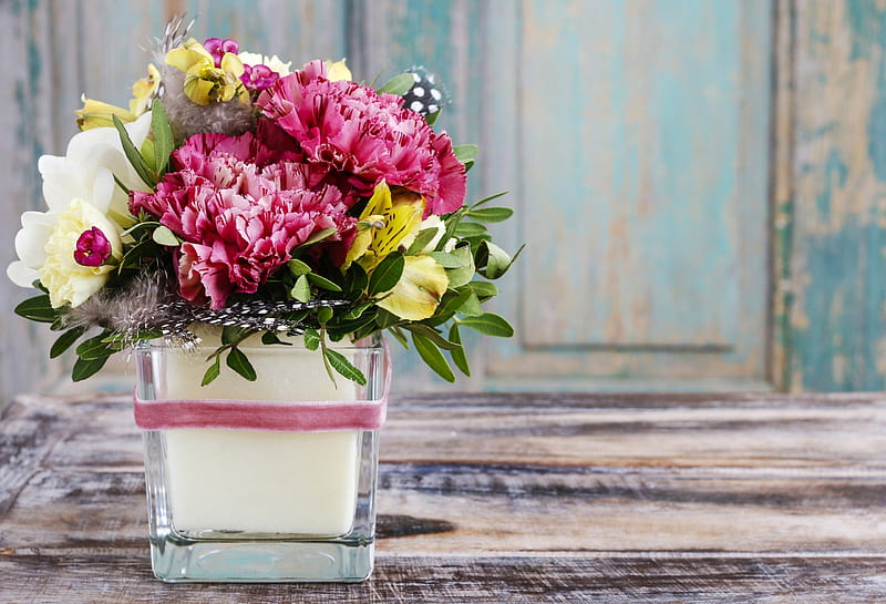 Flowers, yellow, vase, glass, green, bouquet, flower, white, pink, wood, HD wallpaper
