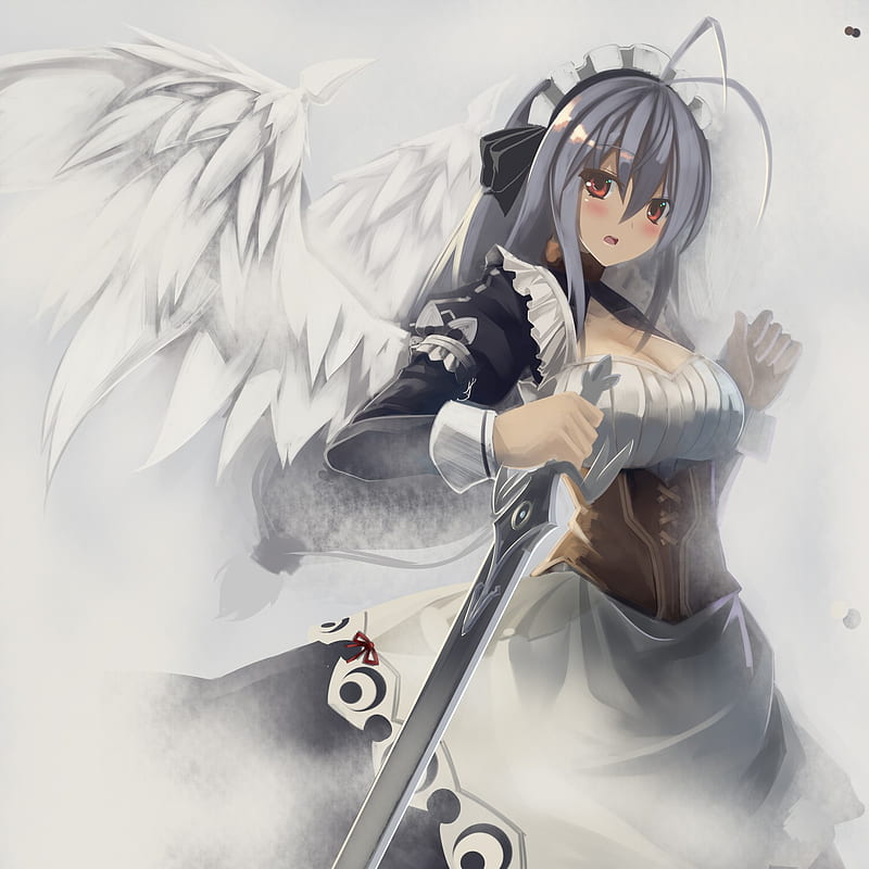 anime, anime girls, red eyes, long hair, wings, sword, weapon, HD phone wallpaper