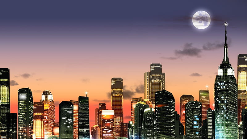 Sunrise in Big City, dawn, town, sunset, twilight, sky, clouds, lights, skyscrapers, city, full moon, sunrise, tall buildings, HD wallpaper