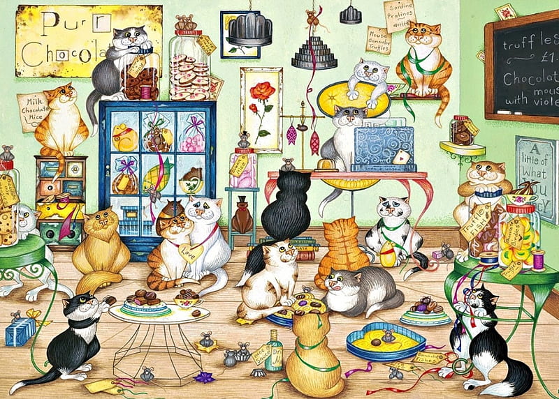 Purrfect Chocolate, chalkboard, books, chocolate, mice, bell, ribbons, card, lights, stand, shelves, chair, tables, cash register, sign, chocolates, cards, tags, signs, string, boxes cats, drawers, jars, HD wallpaper