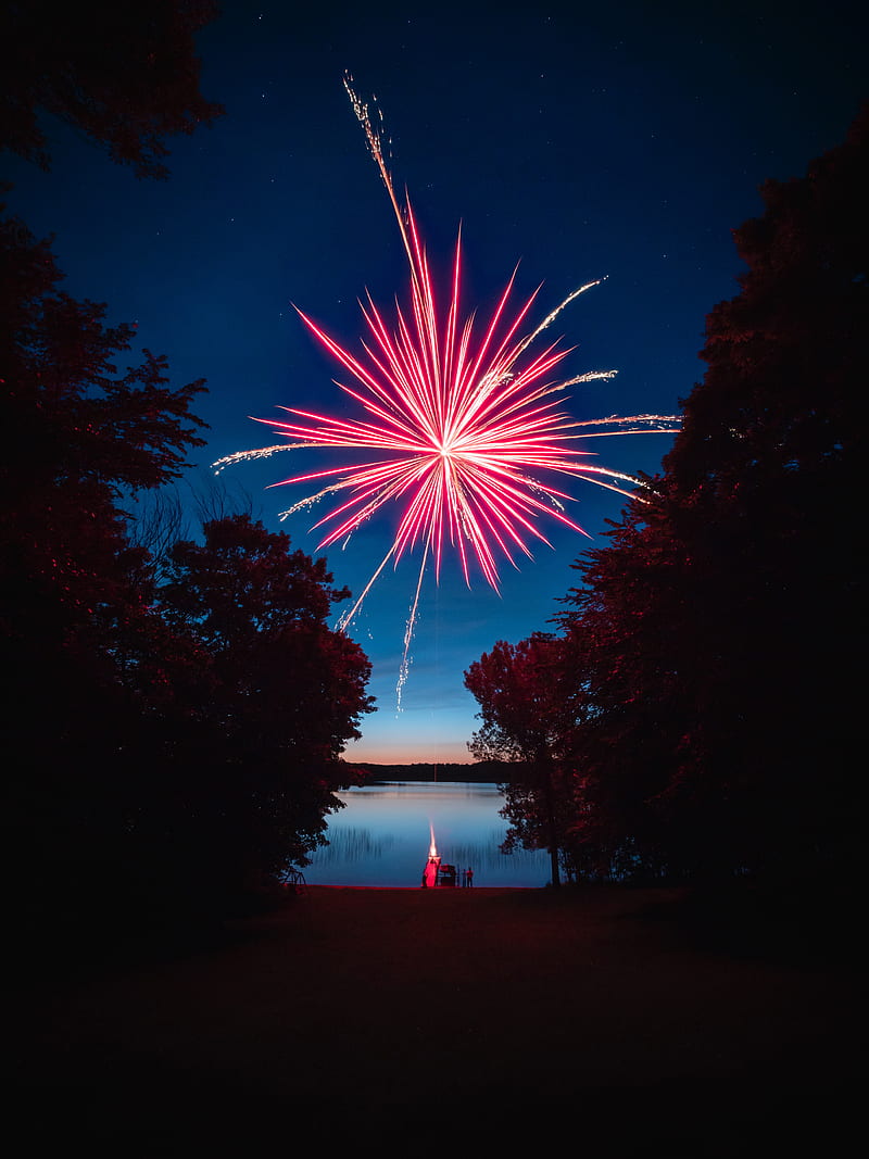 fireworks, salute, sparks, lake, night, HD phone wallpaper