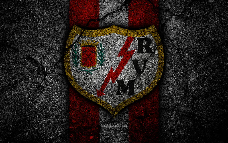 FC Rayo Vallecano, logo, Segunda Division, soccer, black stone, football club, Spain, Rayo Vallecano, LaLiga2, asphalt texture, Rayo Vallecano FC, HD wallpaper