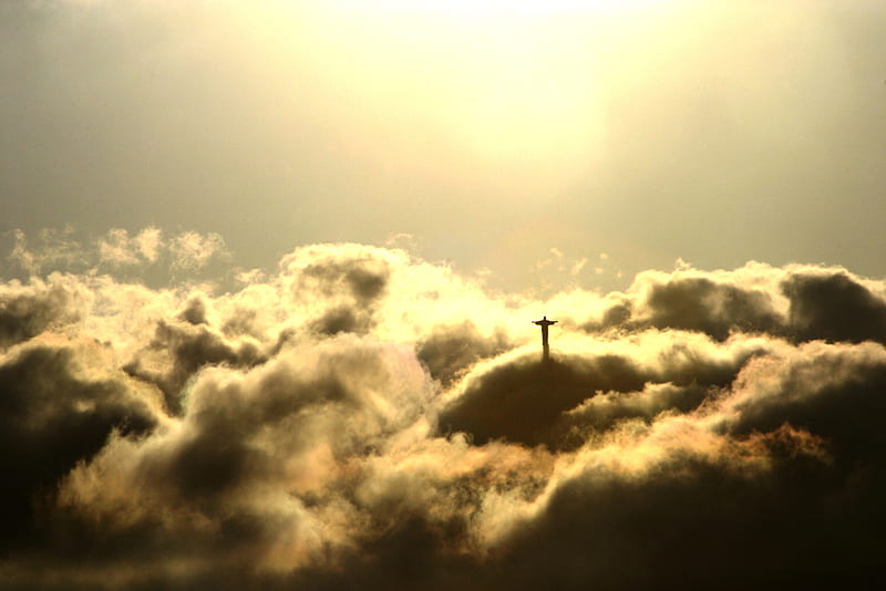 Jesus in the Clouds, Rio de Janeiro, Brazil, sun, sunset, afternoon, sundown, jesus, nice, gold, multicolor, mounts, dawn, religion, romanist, mountains, white, ambar, emblem, bonito, roman catholic, touring, amber, dagger, catholic, tourism, maroon, attraction, day, aerial view, attribute, sunlights, orange, token, clouds, apparition, illusion, peaks, beauty, cristo redentor, evening, sunrise, morning, golden, tour, rio de janeir, undoing, sky, romish, cool, christ redemeer, sunshine, cross, colorful, brown, corcovado, mark, monument, statue, symbol, pundit, amazing, view, ensign, sunlight, colors, tourist spot, reality, HD wallpaper