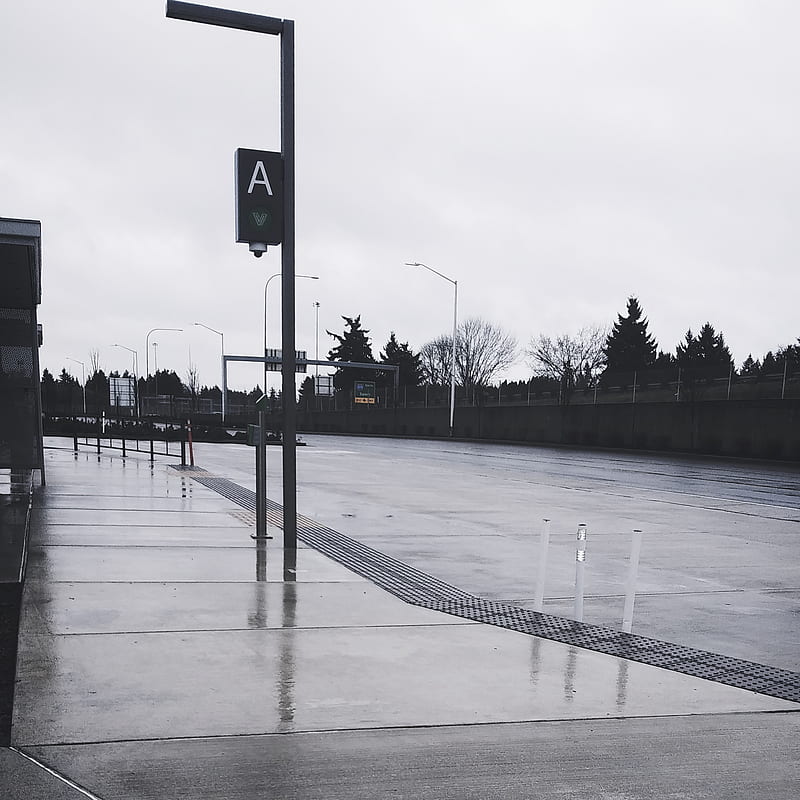 Bus Stop, black and white, bus, evening, monochrome, vancouver, washington, HD phone wallpaper