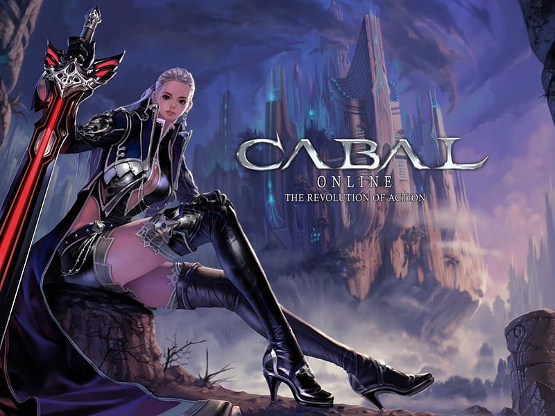 Cabal, female, cabal online, sexy, armor, breasts, fantasy, cool, high heels, hot, sitting, castle, sword, HD wallpaper