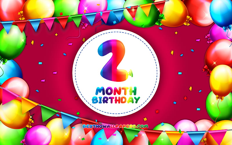 Happy 2nd Month birtay colorful balloon frame, 2 month of my little girl, purple background, Happy 2 Month Birtay, creative, 2nd Month Birtay, Birtay concept, 2 Month Daughter birtay, HD wallpaper