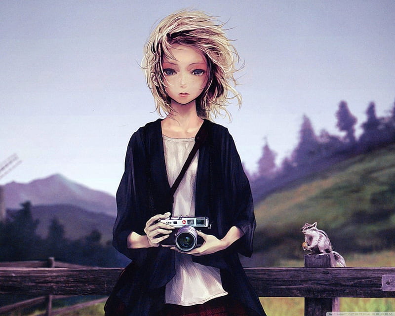Girl With Camera, squirrel, camera, blonde hair, trees, anime, black sweater, bach, artwrok, hill, HD wallpaper