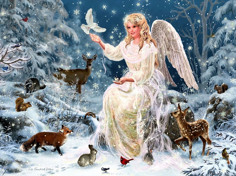 Winter Angel, animals, forest, wings, snow, girl, painting, artwork, HD wallpaper