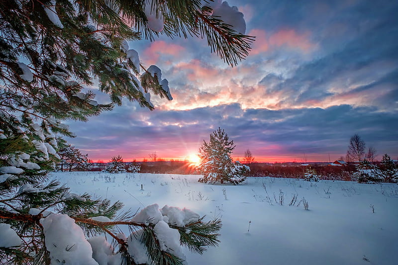 Russian winter, Russia, rays, village, morning, bonito, sunset, sunrise, winter, sky, HD wallpaper