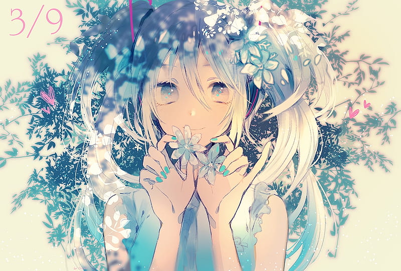 Anime girl, cacao, girl, anime, flower, manga, white, chocotto, blue, HD wallpaper