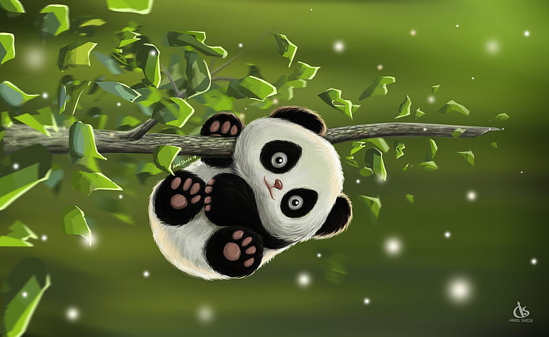 Panda, cute, amol shede, fantasy, green, luminos, bear, paw, HD wallpaper