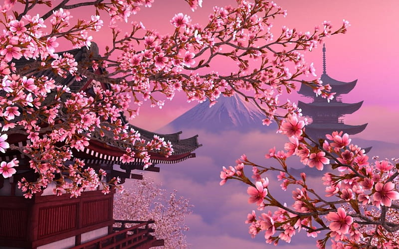 Sakura Scenery, sakura, art, cg, shrine, temple, orginal, scenery, fuji, HD wallpaper