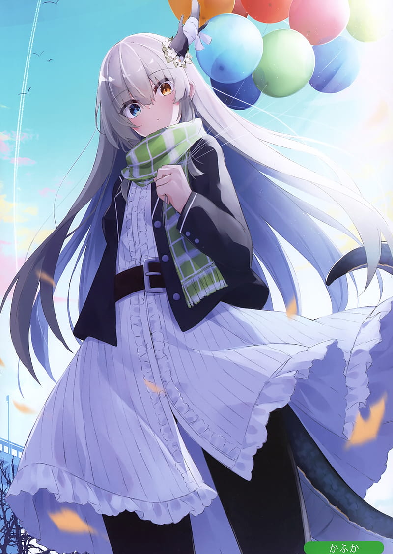 balloons, anime girl, dress, scarf, white hair, Anime, HD phone wallpaper