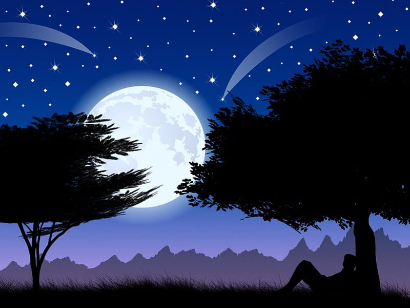 Peace, glow, grass, moon, person, star, blue, night, stars, rest ...