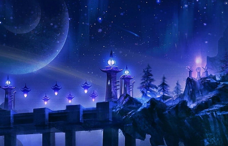 Fantasy bridge, stars, game, sky, tree, fantasy, moon, planet, bridge, tower, pink, light, blue, night, HD wallpaper