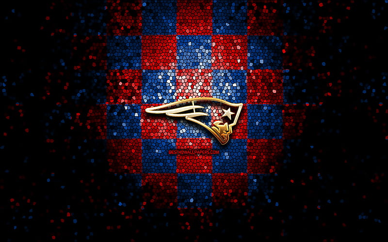 New England Patriots, glitter logo, NFL, blue red checkered background, USA, american football team, New England Patriots logo, mosaic art, american football, America, HD wallpaper
