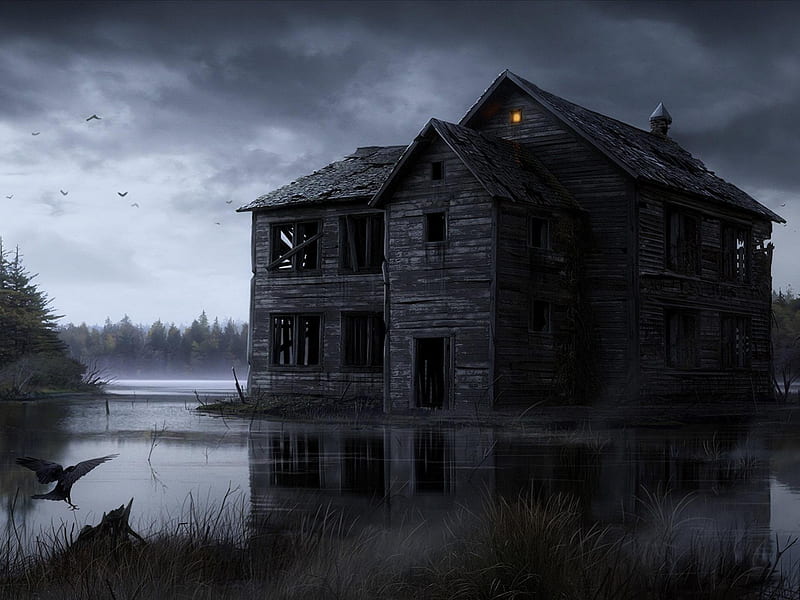 Dark Spooky House on the Water, gray, halloween, houses, eerie, sky, clouds, water, spooky, dark, HD wallpaper