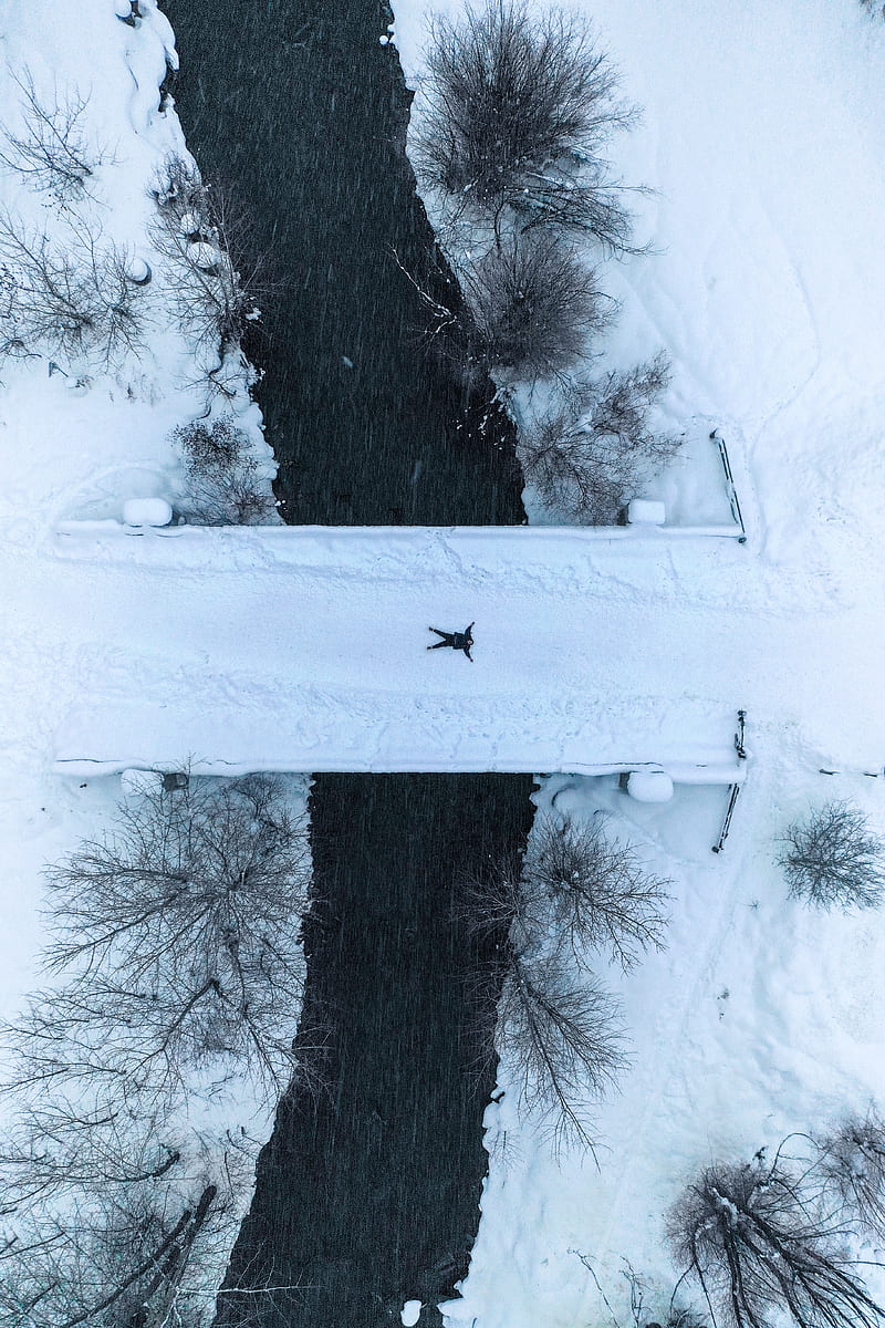 winter, aerial view, snow, man, HD phone wallpaper