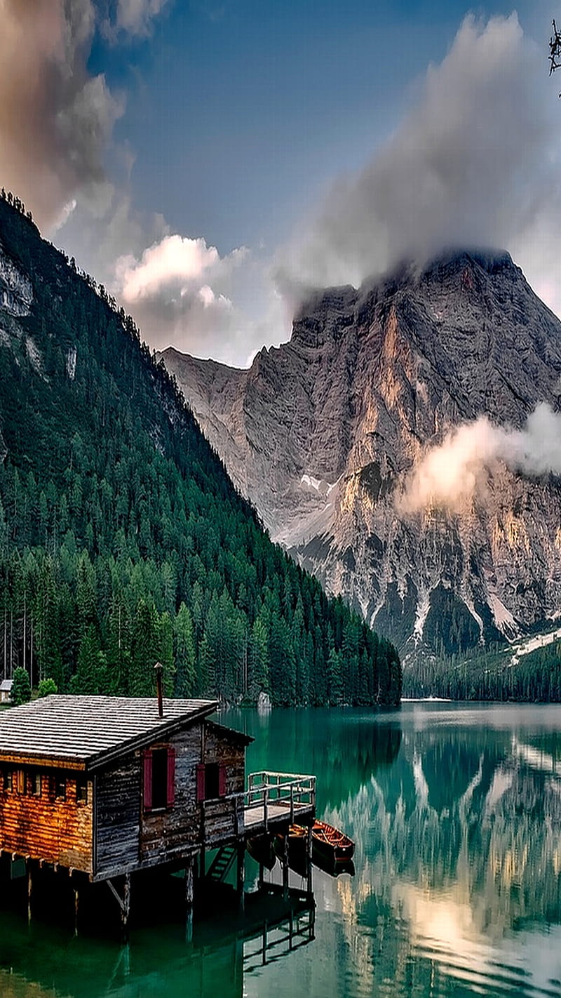 lake house, clouds, green, italy, mountain, nice, view, HD phone wallpaper