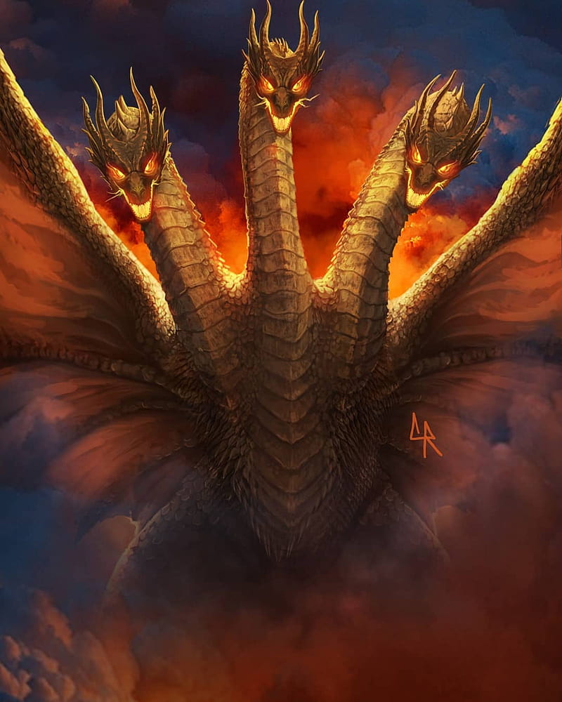 King Ghidorah, art, clouds, concept, dragon, heads, monster, three, wings,  HD phone wallpaper | Peakpx