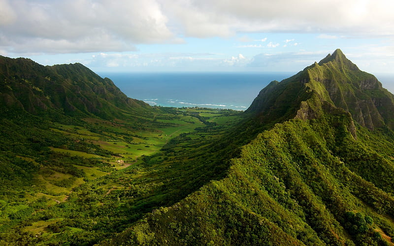 Oahu Valley, oahu, green, valley, ocean, HD wallpaper