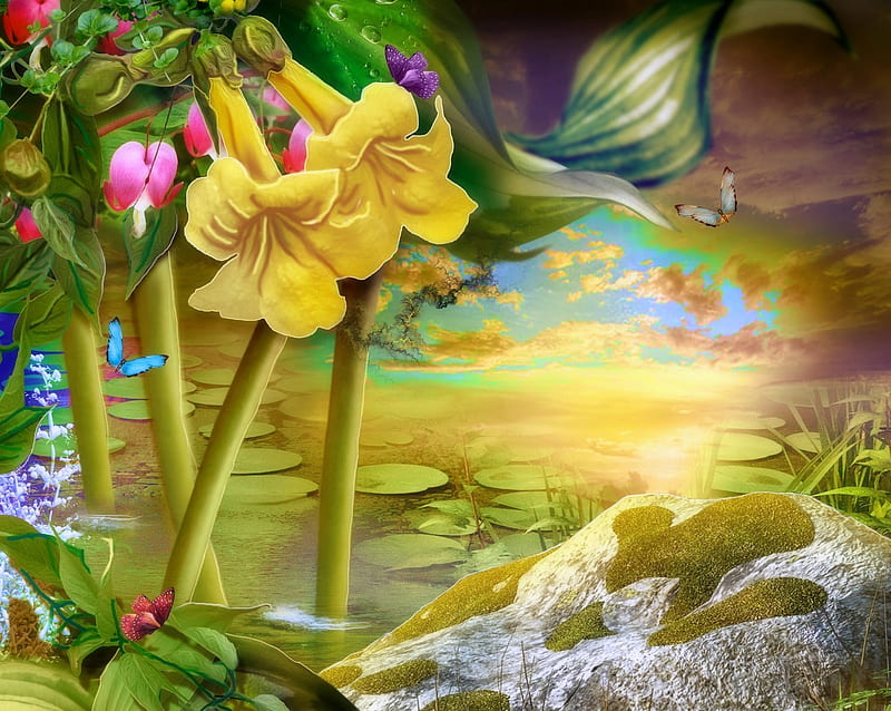 Yellow Lilies, colors, love four seasons, lilies, yellow, butterflies, creative pre-made, pond, planet of flowers, flowers, nature, butterfly designs, HD wallpaper