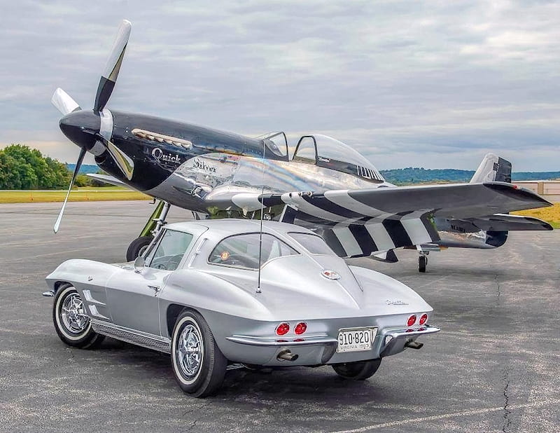 1963 Corvette Sting Ray & P51 Mustang, plane, ww2, corvette, chevy, silver, HD wallpaper