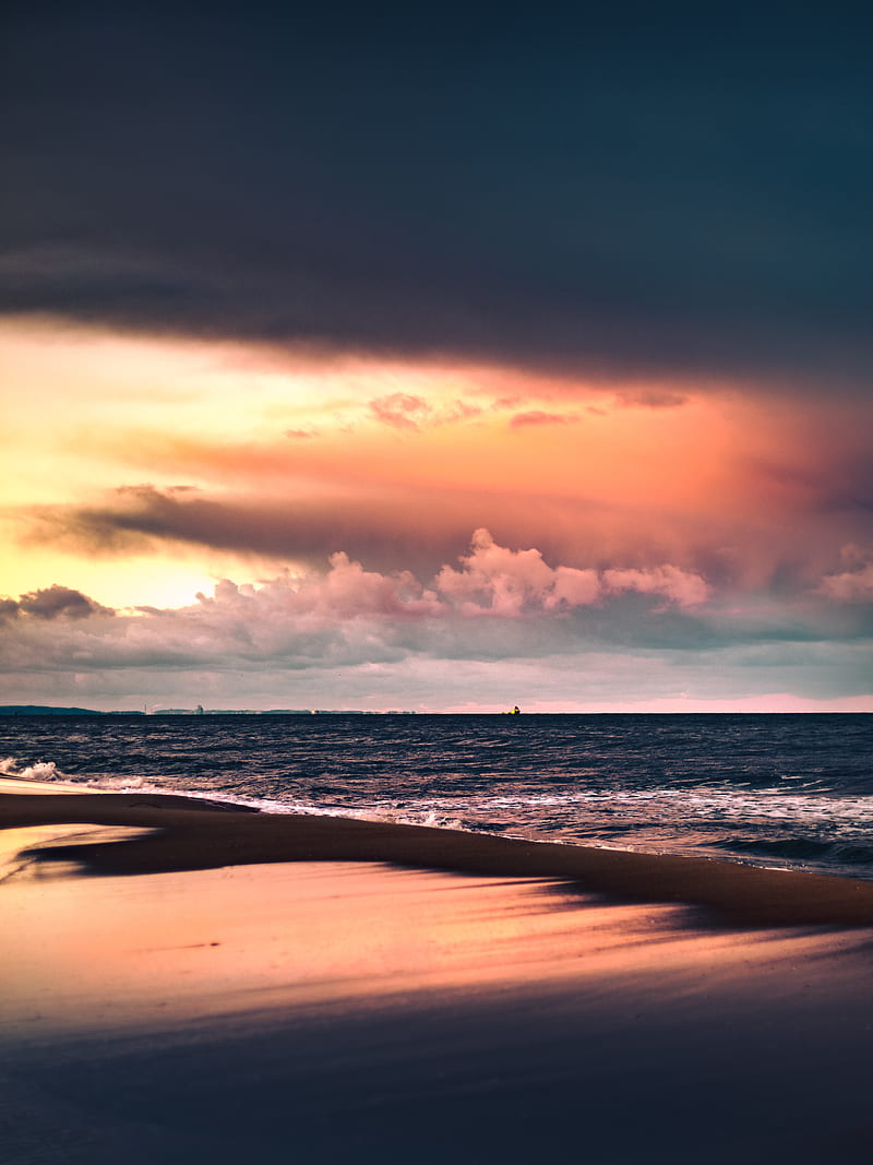 sea, beach, sunset, dusk, HD phone wallpaper
