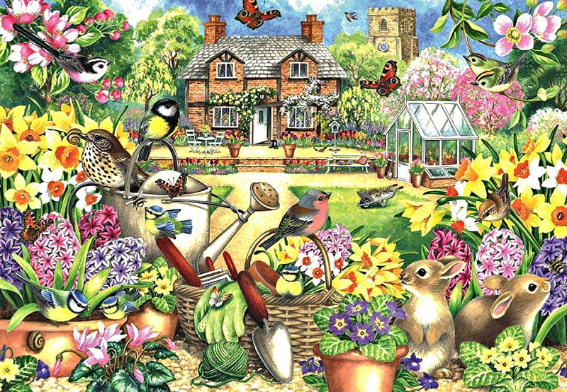 Spring Garden, house, greenhouse, daffodils, tower, flowers, tulips, table, hyacinths, birds, trees, yarn, pots, watering can, blossoms, birdhouse, bunnies, boots, home, stairs, snails, chairs, rabbits, Spring, wheelbarrow, pillow, bench, clock, butterflies, bees, hat, bird, basket, shovel, spade, steps, HD wallpaper