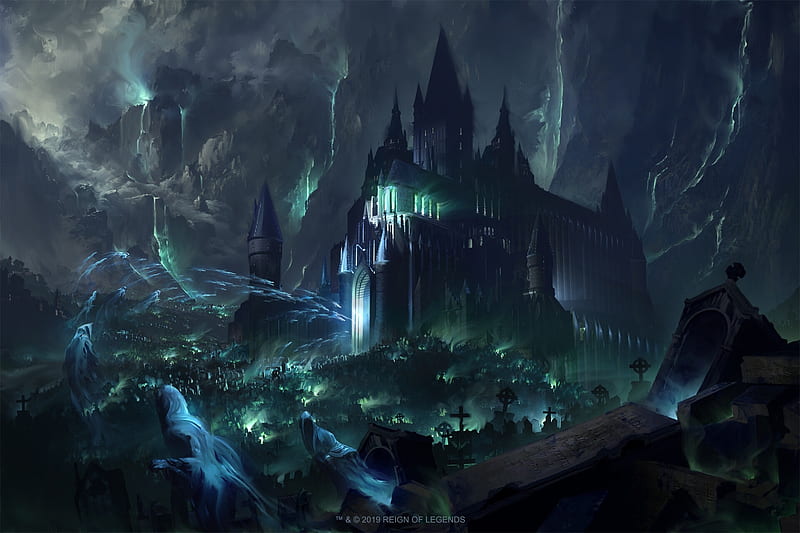 Castle, night, fantasy, ghost, luminos, black, blue, HD wallpaper